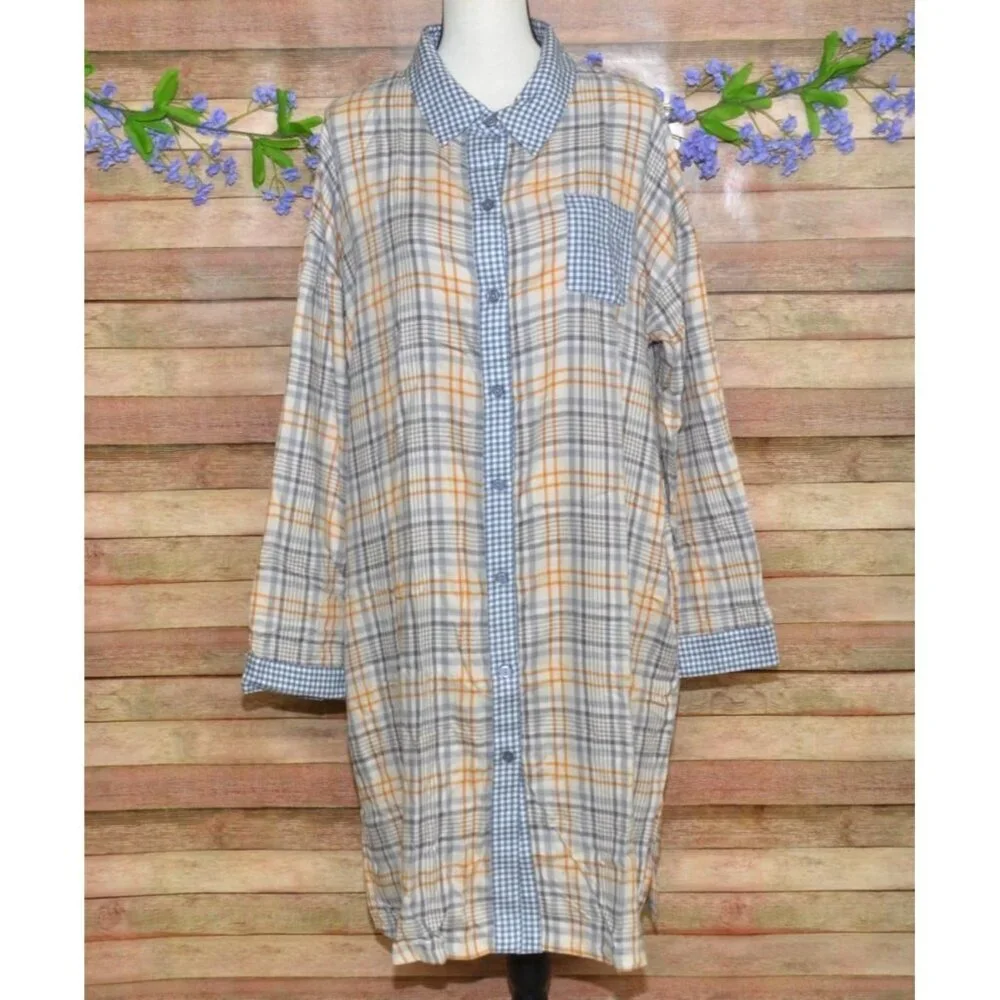 NWT Roudelain Womens XL Long Sleeve Flannel Sleep Shirt Nightgown Plaid Gingham
